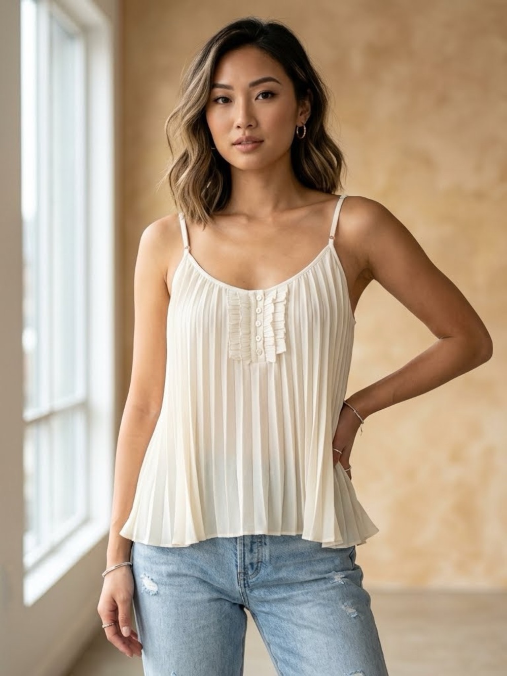 Free People Cream Pleated Ruffle-Trim Cami EUC Size XS